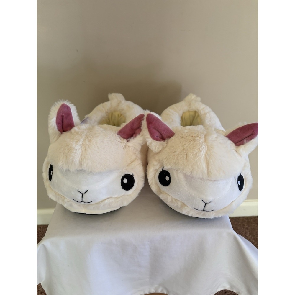 Mod Lines Cream Alpaca Llama Plush Fuzzy Novelty Slippers Women US 7.5-9 NEW